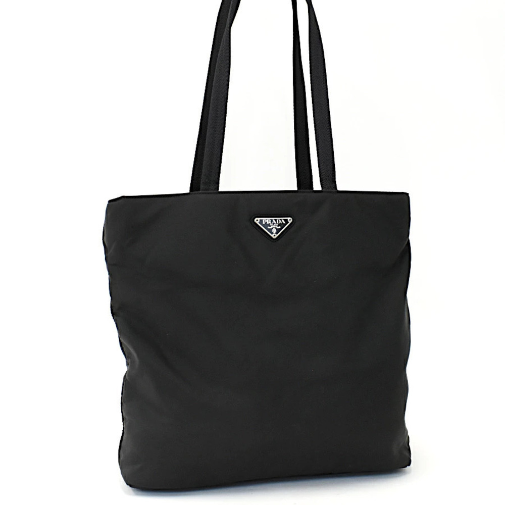 Prada Tote Tessuto Saffiano Bag Shoulder Triangle Plate Leather Black